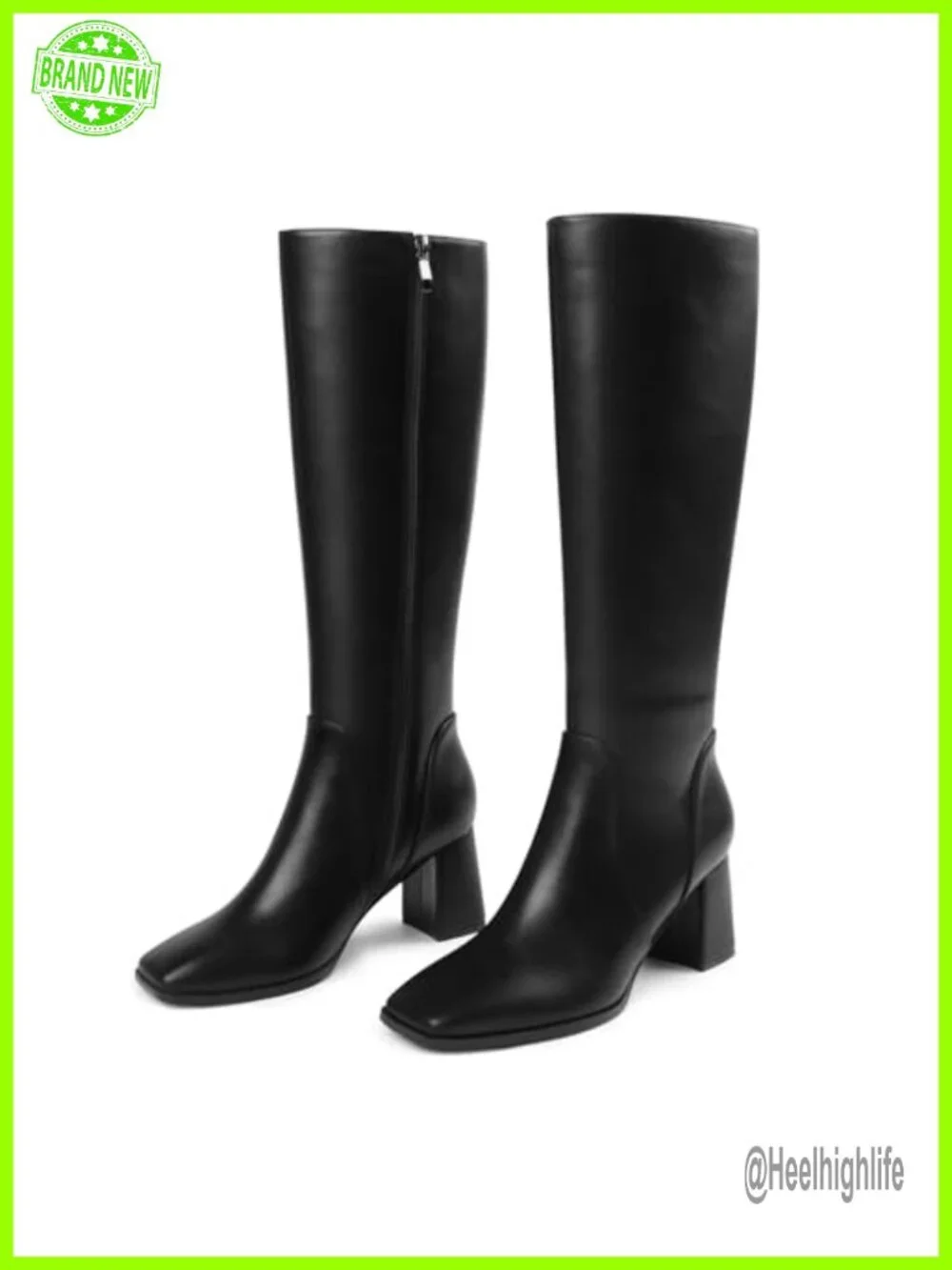 Knee High Boots Chunky Block Heel Square Toe Zipper Faux Leather